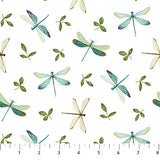 Square swatch Dragonflies White fabric (white fabric with tossed green leaves and blue/green and natural coloured dragonflies)
