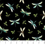 Square swatch Dragonflies Black fabric (black fabric with tossed green leaves and blue/green and natural coloured dragonflies)