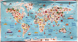 Full panel swatch - Around the World Panel - 24" x 45" (cartoon style world map panel with labeled oceans and cartoon graphics allover)