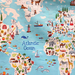 Square swatch - Around the World Panel - 24" x 45" (cartoon style world map panel with labeled oceans and cartoon graphics allover)