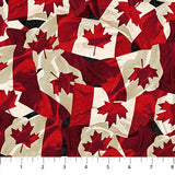 Square swatch Oh Canada themed printed fabric in Canadian Flags (rustling flag collage on black)