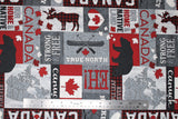 Flat swatch grey multi patchwork fabric (various sized rectangle and square patches in greys, red, black/red buffalo check with tossed Canada related emblems and text, moose, bear, leaves, etc.)