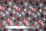 Flat swatch flags, leaves fabric (grey knit look fabric with tossed red, white, black, grey Canada related emblems flags, leaves, hearts, and "Canada" text)