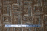Flat swatch reading room fabric (horizontal and vertical square/rectangular text boxes on wood with text related to washroom "take a seat" "on a roll" etc.)