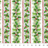 Flat swatch Mistletoe Stripe fabric (vertical stripes of white and grey with decorative green holly leaves, red berries mistletoes separated by candy cane stripes)