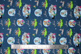 Flat swatch The Jetsons fabric (dark blue sky fabric with tossed white stars, green space ships with full colour cast inside, circular and oval badges with full colour characters and "The Jetsons" text)