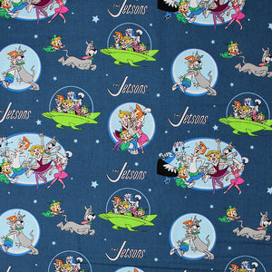 Square swatch The Jetsons fabric (dark blue sky fabric with tossed white stars, green space ships with full colour cast inside, circular and oval badges with full colour characters and "The Jetsons" text)