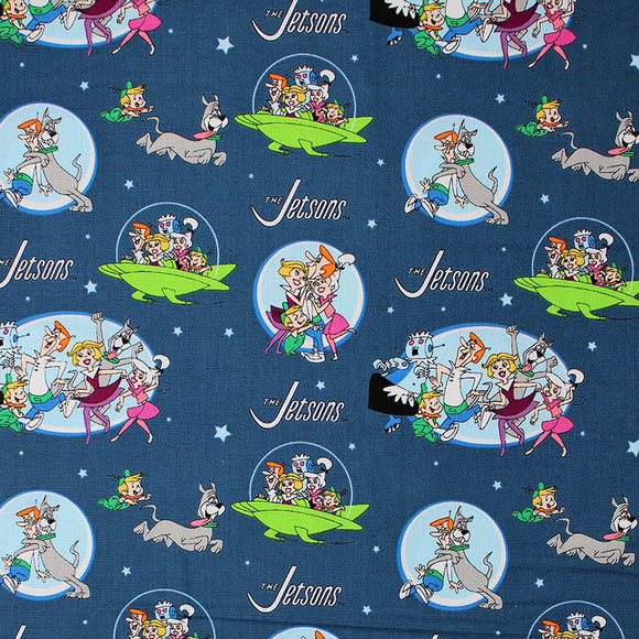 Square swatch The Jetsons fabric (dark blue sky fabric with tossed white stars, green space ships with full colour cast inside, circular and oval badges with full colour characters and 