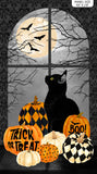 Full panel swatch - Black Cat Panel (43" x 24") (black rectangular panel with Victorian style appliques in background, large grey window centered with black cat profile looking up, group of decorated pumpkins reading "Boo!" and "Trick or Treat" beneath cat, full moon, branches, and bats visible in the window.)