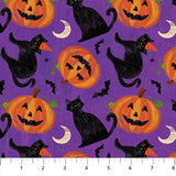 Flat swatch Jack & Cat fabric (purple fabric with tossed cartoon black cats, jack-o-lanterns, bats, and crescent moons)