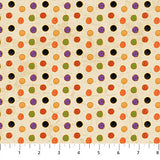Flat swatch Polkadot fabric (cream fabric with hand drawn look filled circle dots in purple, black, orange, green, yellow)