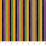 Flat swatch Stripe fabric (medium thick vertical striped fabric in yellow, black, purple, green, orange with thin white stripes separating the colours)