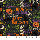 Flat swatch Trick or Treat fabric (black fabric with halloween related text in various fonts and colours: cream, green, purple and orange "Trick or Treat" "Spooky" etc. and tossed black cats and bats, crescent moons, jack-o-lanterns)