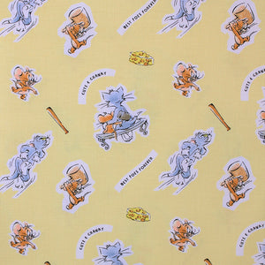Square swatch Tom & Jerry fabric (yellow fabric with tossed cartoon characters with white backgrounds, assorted cat and mouse poses, cheese slices, bats, "Best Foes Forever" text, etc.)