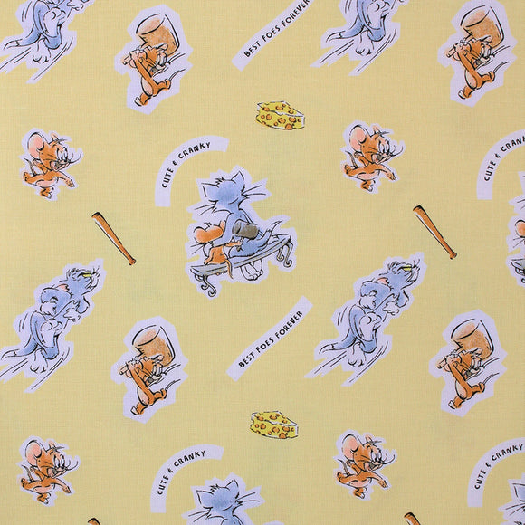 Square swatch Tom & Jerry fabric (yellow fabric with tossed cartoon characters with white backgrounds, assorted cat and mouse poses, cheese slices, bats, 