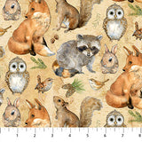 Square swatch Animals fabric (beige tree texture look fabric with illustrative woodland animals in full colour subtle watercolour look: owls, birds, squirrels, foxes, raccoons and tossed sprigs, pinecones and acorns)