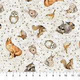 Square swatch Animal and Footprint Toss fabric (white fabric with tossed illustrative style woodland animals in full colour with tossed brown footprints allover in various styles and sizes: owls, bunnies, birds, foxes, racoons)