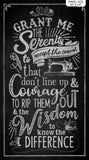 Full panel swatch - Chalk Board Panel (43" x 24") (black panel with white chalk look text reading "Grant me the serenity to accept the seams that don't line up & the courage to rip them out & the wisdom to know the difference" with drawn sewing related graphics)