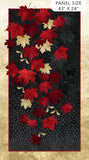 Full panel swatch - Oh Canada Panel (43" X 24") (thick beige border rectangle with black rectangle center and small red outline with falling leaves in red, beige, black/grey silhouette allover the panel)