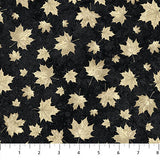 Flat swatch Small Leaves Black/Beige fabric (black marbled look fabric with tossed beige maple leaves allover in various sizes)