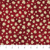 Flat swatch Mini Leaves Red/Beige fabric (red fabric with tossed beige maple leaves allover in small and medium sizes)
