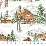 Square swatch Alpine Village fabric (white fabric with illustrative winter cabin scene: snow and mountains with green trees and log style cabins)