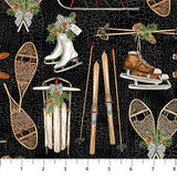 Square swatch Winter Sports fabric (black fabric with cracked texture and tossed vintage style winter sport elements: figure skates, skis, snow shoes, etc.)