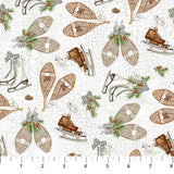 Square swatch Skate Toss White fabric (white fabric with cracked look texture and tossed vintage style skates and snowshoes allover)