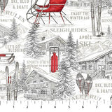 Square swatch Alpine Toile fabric (illustrative style snowy mountain scene with red sleighs tossed and "Sleigh Ride" etc text)