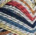 Swatch of Patons Kroy Socks Yarn in shade blue striped ragg (light to dark blues, green, orange, cranberry colourway marled)