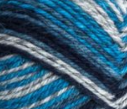 Swatch of Patons Kroy Socks Yarn in shade sing'n the blues (light blue, bright blue, medium blue, navy colourway)