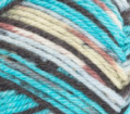 Swatch of Patons Kroy Socks Yarn in shade turquoise jacquard (off white, turquoise, navy, purple colourway)