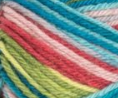 Swatch of Patons Kroy Socks Yarn in shade meadow stripes (pinks, blues, greens colourway)