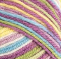 Swatch of Patons Kroy Socks Yarn in shade sweet stripes (yellow, purple, green, blue colourway)