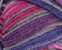 Swatch of Patons Kroy Socks Yarn in shade purple haze (fuchsia, purple, dark blues colourway)
