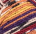 Swatch of Patons Kroy Socks Yarn in shade sunset stripes (yellow, orange, cranberry, purple, white colourway)