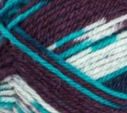 Swatch of Patons Kroy Socks Yarn in shade blue raspberry (white, teal, dark purple colourway)