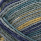 Swatch of Patons Kroy Socks Yarn in shade fifties stripes (faded light to medium blues, yellow/green colourway)