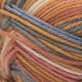 Swatch of Patons Kroy Socks Yarn in shade mid century stripes (white, peach, coral, blue colourway)