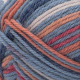 Swatch of Patons Kroy Socks Yarn in shade seventies stripes (pale light to medium blues, faded peach and pink colourway)