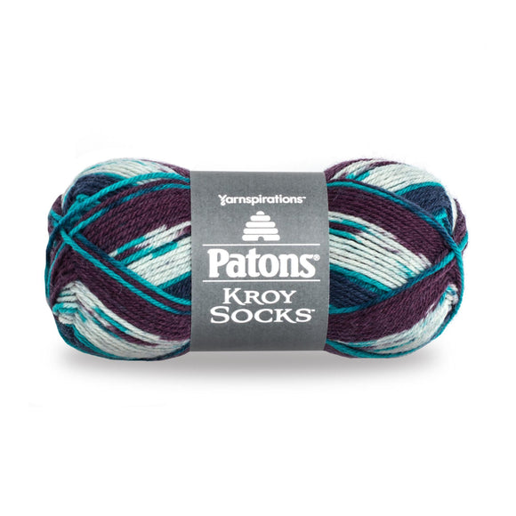 A ball of Patons Kroy Socks Yarn in white/aqua/navy/purple colourway
