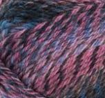 Swatch of Patons Kroy Socks FX Yarn in cameo (light to dark purple shades, blue colourway with twists)