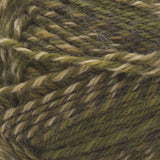 Swatch of Patons Kroy Socks FX Yarn in mossy (light to dark olive green colourway with twists)