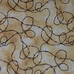 Square swatch Barbed Wire fabric (neutral marbled look fabric with tossed barbed wire in dark brown curling allover)