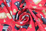 Swirled swatch Tossed Cats fabric (red fabric with tossed cartoon cats allover with curly tails and funny facial expressions on red fabric with tossed hearts)