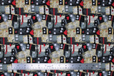 Flat swatch Packed Cats fabric (packed cartoon cats in grey, blacks, beiges, etc. with red collars and hearts)