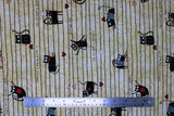 Flat swatch Cat Stripe fabric (beige fabric with black horizontal stripes, tossed black cartoon cats and red and white hearts)