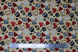 Flat swatch Tossed Cat Head fabric (beige fabric with cartoon cat heads tossed allover and red hearts and multi coloured hearts)