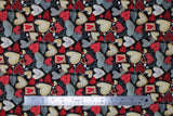 Flat swatch Heart Toss fabric (black fabric with packed tossed hearts allover in red, greys, beige, white, etc. in various styles)