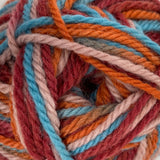 Fired up swatch of Patons Classic Wool Worsted yarn (pale pink, cranberry, orange, blue shades)